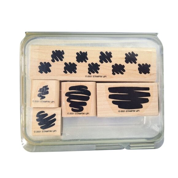Vintage Stampin Up Set Of 5 Squiggle Pattern Rubber Stamps Storage Case Clean - Picture 1 of 6
